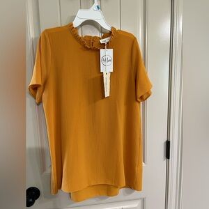 Gold short sleeve top.